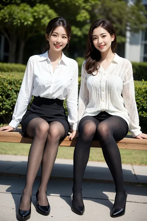 ulzzang-6500-v1.1,  (highest quality: 1.3), (masterpiece: 1.3), (Super detailed: 1.3), (genuine:1.4), (pieces fly), １woman、sunlight、Quiet park bench、spring fashion、Wearing super realistic pantyhose、amazingly beautiful woman、gentle smile、Premonition of roma...