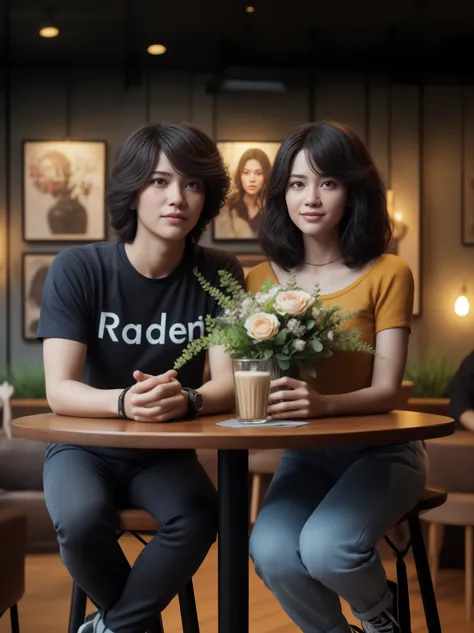 they are sitting at a table with a vase of flowers, realism art, inspired by Rudy Siswanto, realism artstyle, realistic portrait photo, realistic render, very realistic render, realism art style, realistic cinema 4 d render, realistic art, foto realistic, ...