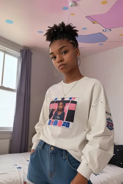 London, 2023. A young ((((19-year-old)) Maia Allen)), in her bedroom, stars stickers in the ceiling, ((sad expression)), ((((clothings from the 2020s)))), ((hairstyle of the 2020s))