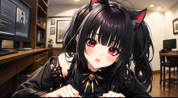 ((Mejor calidad)), ((mesa)), ((ultra detallado)), (illustration), (luz detallada), (extremadamente delicado y hermoso),
(((Solo))), ,((long hair slightly wavy slightly past the shoulders, black bangs, small black pigtails on the sides, cute cat ears, beaut...