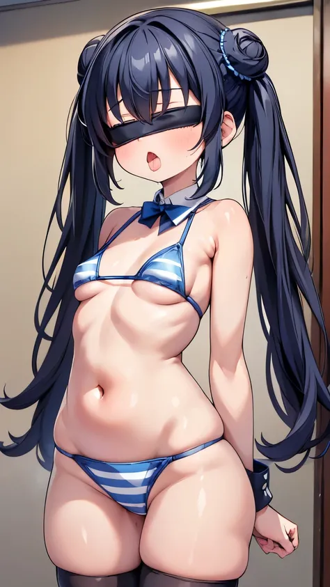 highest quality,wonderful,finely,extremely detailed CG Unity 8K wallpaper, (1 girl,black hair, blue eyes,double bun), (blindfold :1.4), (small breasts:1.3), (grabbing another’s breast:1.4), (Light blue striped micro bikini:1.1), (open mouth:1.2), (long ton...