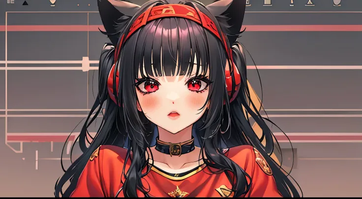 ((Mejor calidad)), ((mesa)), ((ultra detallado)), (illustration), (luz detallada), (extremadamente delicado y hermoso),
(((Solo))), ,((long hair slightly wavy slightly past the shoulders, black bangs, small black pigtails on the sides, cute cat ears, beaut...