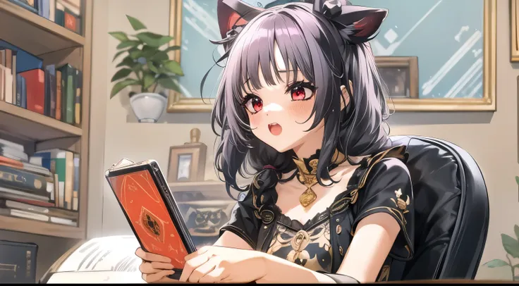 ((Mejor calidad)), ((mesa)), ((ultra detallado)), (illustration), (luz detallada), (extremadamente delicado y hermoso),
(((Solo))), ,((long hair slightly wavy slightly past the shoulders, black bangs, small black pigtails on the sides, cute cat ears, beaut...