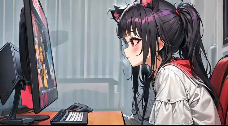 ((Mejor calidad)), ((mesa)), ((ultra detallado)), (illustration), (luz detallada), (extremadamente delicado y hermoso),
(((Solo))), ,((long hair slightly wavy slightly past the shoulders, black bangs, small black pigtails on the sides, cute cat ears, beaut...