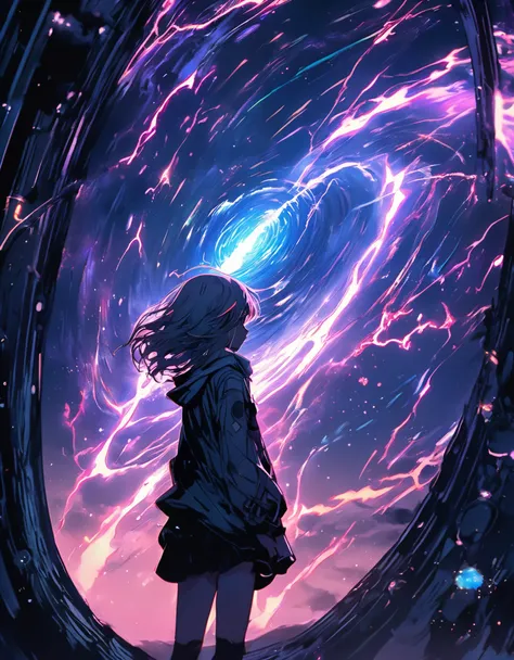 (best quality, sketch:1.2),realistic,illustrator,anime,1 girl, detailed lips,custom, gradient background,neon hair,textured cropping, masterpiece, anime, a woman standing looking at a black hole, fantasy world, trending on art station, space art, dreamy ps...