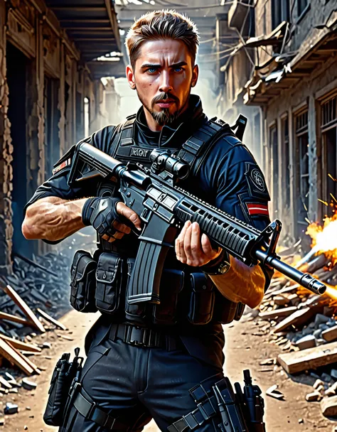 Soldier with dark uniform and assault rifle, ruined background, realistic, stylish, rutkowski, goatee, brown hair, buzz hair, blue eyes, cigarette in mouth, tactical vest, intricate details, hyperdetailed, cinematic, rim light, danger atmosphere