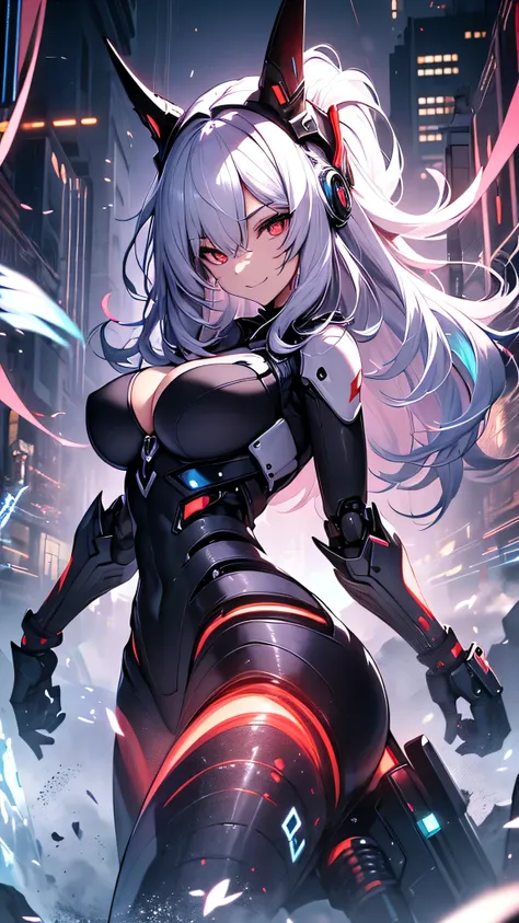 最high quality、best image quality、masterpiece、android girl((18-year-old、 By becoming、vest bust、medium bust,wide open breast tea、red glowing eyes, water hair、messy hair、long hair、thin,highest valley、Blue robot body、Shiny red body、Close ~ eyes、attack、Show the...