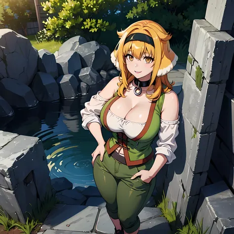 masterpiece, best quality, roxanne, dog ears, black hairband, collar, off-shoulder shirt, cleavage, green vest, green pants, large breasts, standing, from eye level, smile, underground, stone walls, stone floor, dark