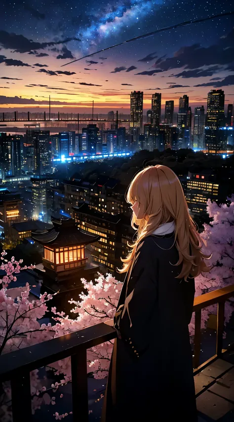 １people々々々々々々々,blonde long hair，long coat，silhouette， Rear view，space sky, milky way, anime style, cherry blossoms，夜cherry blossoms，辺り一面に舞うcherry blossoms吹雪，Night view of the city from the mountainside，