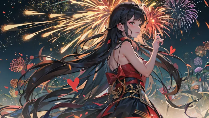 (perfect anatomy, masterpiece:1.4, best quality, 8k, beautiful detailed grow, daydreaming expression, in the night),  panoramic (double exposure silhouette:1.3) ((immensely detailed beautiful firework)), (solo straight black hair long hair femdom cute girl...