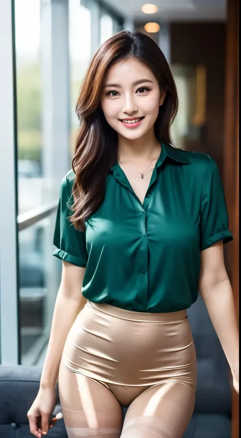 ulzzang-6500-v1.1, (Raw photo:1.2), (Photoreal), beautiful detailed girl, (genuine: 1.4), A bewitching beautiful mature elite secretary wearing a luxurious silk blouse.、40 years、height　154cm、well-proportioned body shape、hourglass illustration、skirt and thi...