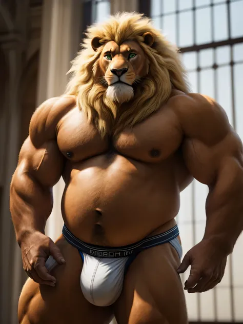 lion, muscle-bound male, solo, mature, round and chubby belly, large pectorals, biceps, long and blonde mane, chin beard, muscular body, beautiful green eyes, intricately detailed eyes and face, tight-fitting jockstrap, debout, regard sexy, poitrine ouvert...