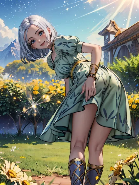 from back, cowboy shot, (ass focus, wide hips, large hips), beautiful ass, dq10 illutia, (short hair, grey hair, blue eyes), (le...