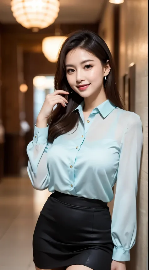 ulzzang-6500-v1.1, (Raw photo:1.2), (Photoreal), beautiful detailed girl, (genuine: 1.4), A bewitching beautiful mature elite secretary wearing a luxurious silk blouse.、40 years、height　154cm、well-proportioned body shape、hourglass illustration、skirt and thi...