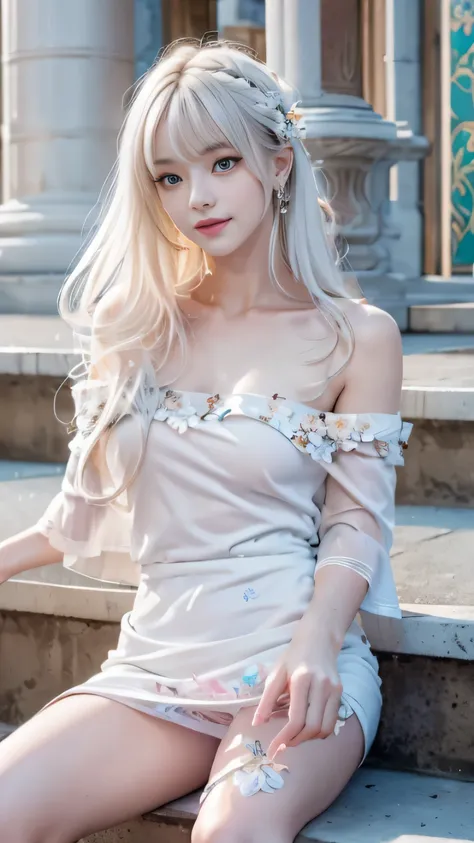 Portrait、bright look、young shiny glossy white shiny skin、best looks、ultimate beautiful girl、The most beautiful platinum blonde hair in the world、shiny bright hair,、Super long smooth straight hair、Shining beautiful Bangs、Sparkling crystal clear charming blu...