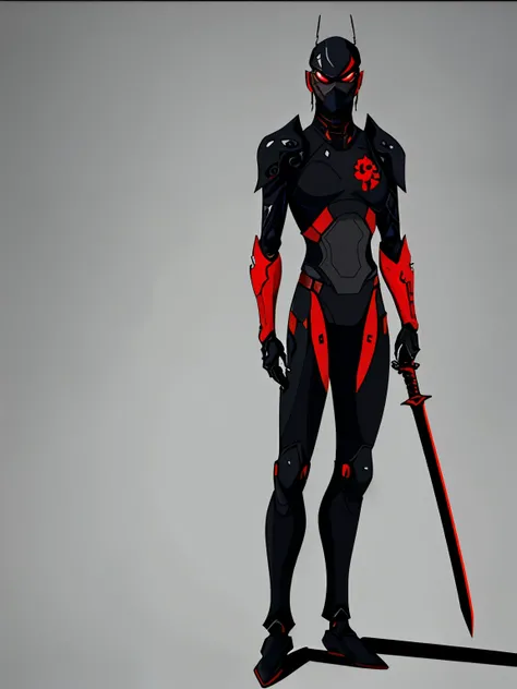 a close up of a person in a suit with a sword, black and red armor, minimal design armor style, concept armor, black and reddish color armor, cyborg ninja, benedick bana, fractal cyborg ninja background, cyborg samurai, epic ninja suit, new costume concept...