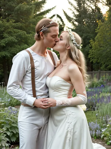 Nordic bride and kissing standing in the garden，Good looking，hand in hand，plump figure。