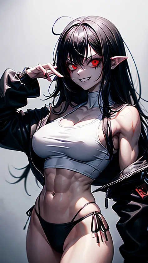 Solo. Creepy, terrifying extremely muscularly lean girl with short messy curly black hair, big breasts, defined muscular thighs, a sharp jawline, crazy red eyes, metal wires joining his seperated upper jaw and lower jaw, Jeff the killers mouth, defined mus...