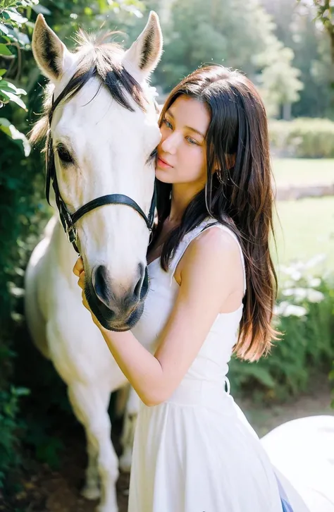 an upperbody shot of a Woman in white dress standing beside a white horse in a serene natural setting, intimate, ethereal lighting, fine art, realistic, soft focus, elegant composition, delicate details, by Sarah Joncas and Salvador Dali, 4k resolution, em...