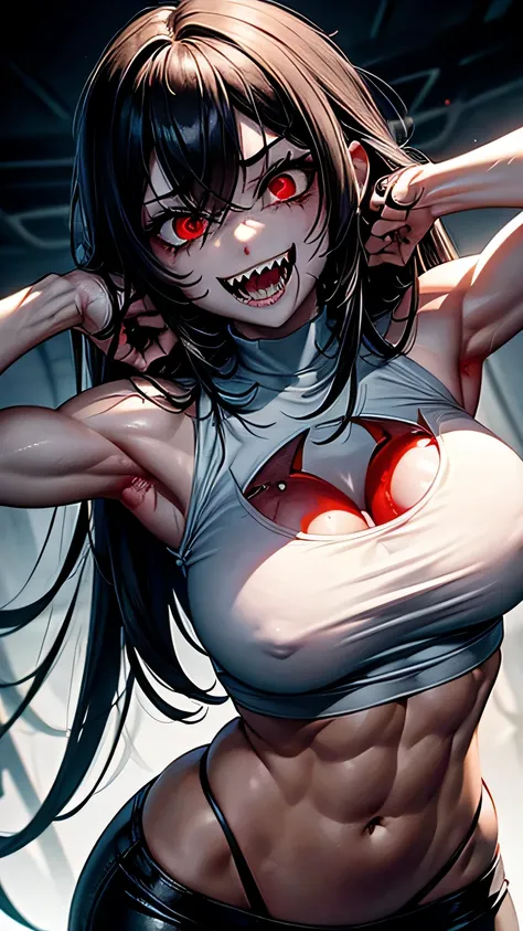 Solo. Creepy, terrifying extremely muscularly lean girl with short messy curly black hair, big breasts, defined muscular thighs, a sharp jawline, crazy red eyes, metal wires joining her seperated upper jaw and lower jaw, Jeff the killers mouth, defined mus...