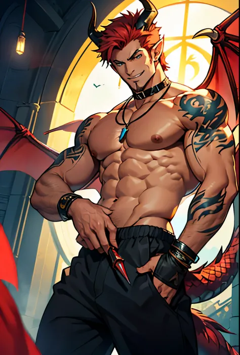 mature,kemonomimi,anime character with short red hair and dragon wings holding a scepter, demon male, handsome mature demon man, muscular male fantasy alchemist, as an anthropomorphic dragon, god of dragons, human male demon, djinn man male demon, dragon b...