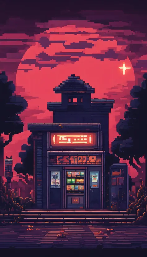 Pixel art spooky night POV walking to abandoned gas station, 3d pixel art 4k wallpaper, incredible pixel art details, pixel art, detailed unreal engine pixel art, half red moon sky, spooky night.