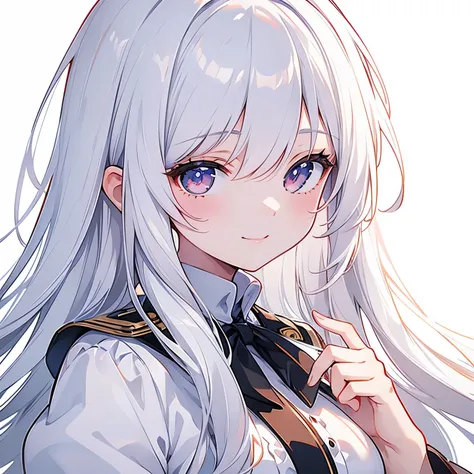 masterpiece, best quality, ultra-detailed, illustration, cute, girl, solo, face focus, white hair, long hair, blouse, smile, whi...