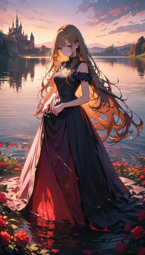 ((best quality,ultra_detailed,masterpiece,hires,8k)),a woman,bule dress,long dress,golden hair,long hair,purple eyes,Long eyelashes,sad,standing,outdoor,lake,castle,(red roses),sky blue,sunlight,shine,full body
