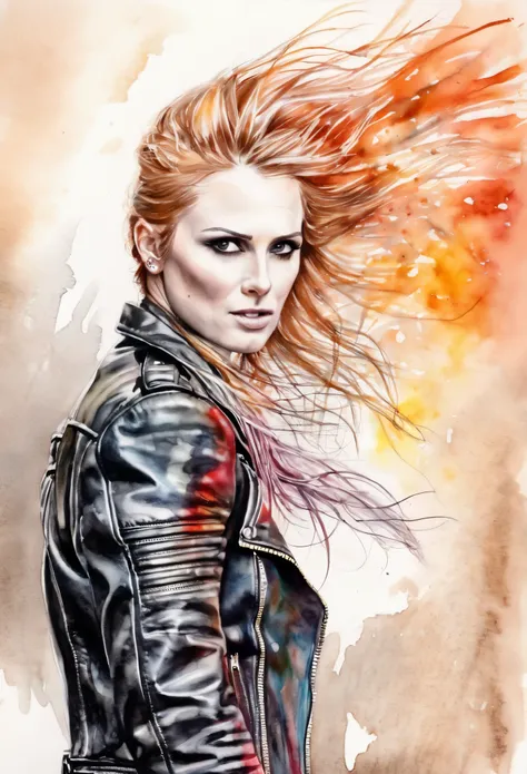 Colorfull watercolor hand drawing, splash design, (best quality, masterpiece:1.2), side view, a ghost ridert with fire hair wearing leather jacket, marvel style, simple lines, looking to camera, in dinamic, (natural skin and textile texture, hyperrealism, ...