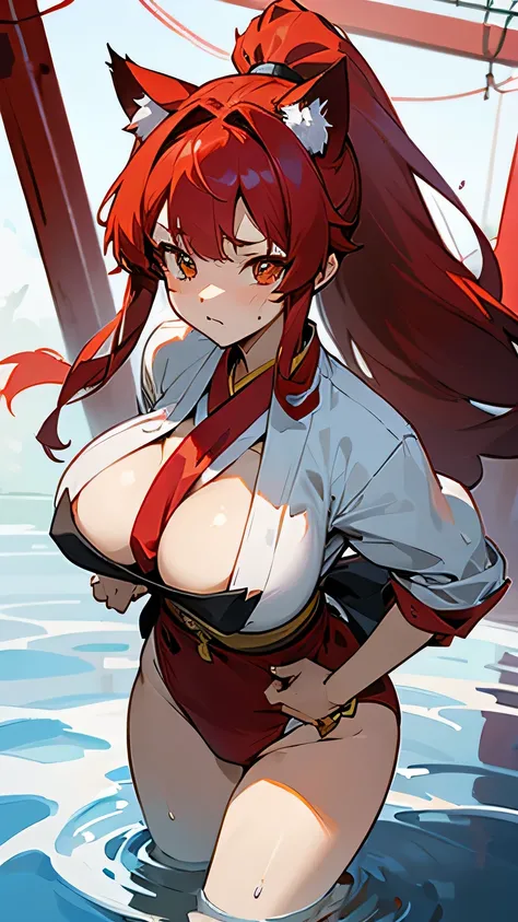 Cat ear、red hair、Right eye is hidden by bangs、Long hair in a ponytail、big breasts、big breasts、Shrine maiden combat uniform with an open chest area、There are quite a lot of exposures where the breasts are exposed.、clothes are wet