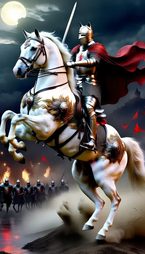 （role conception），Cat Knight，（The black cat knight is riding a white horse and fighting the enemy），background：Medieval battlefield，River of blood，