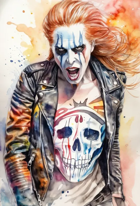 Colorfull watercolor hand drawing, splash design, (best quality, masterpiece:1.2), side view, a ghost ridert with fire hair wearing leather jacket, marvel style, simple lines, looking to camera, in dinamic, (natural skin and textile texture, hyperrealism, ...