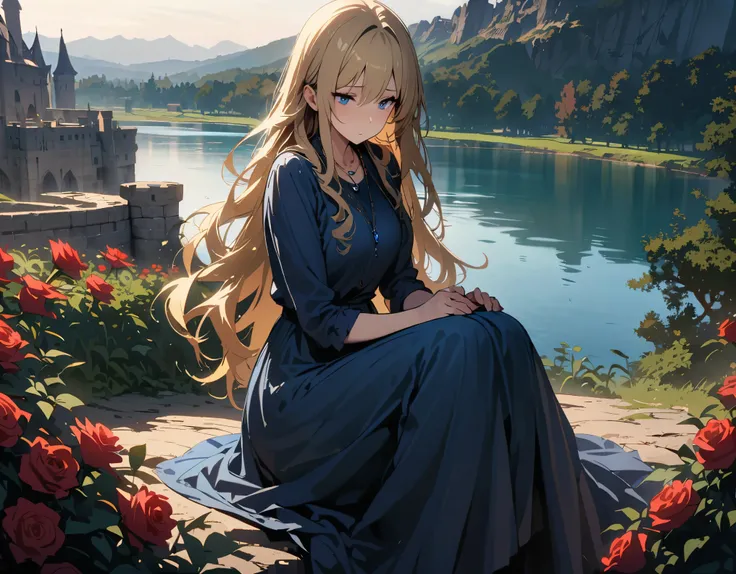 ((top quality，high quality，masterpiece，Masterpiece，8k))，a woman，blue skirt，long skirt，curls，long hair，blonde，Wearing a blue gemstone necklace，The expression is sad，sitting，look at the audience，outdoor，lake，castle，Red rose，daytime，early morning，Sunlight，blu...