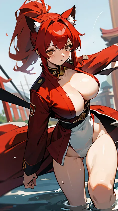 Cat ear、red hair、Right eye is hidden by bangs、Long hair in a ponytail、big breasts、big breasts、Shrine maiden combat uniform with an open chest area、There are quite a lot of exposures where the breasts are exposed.、clothes are wet