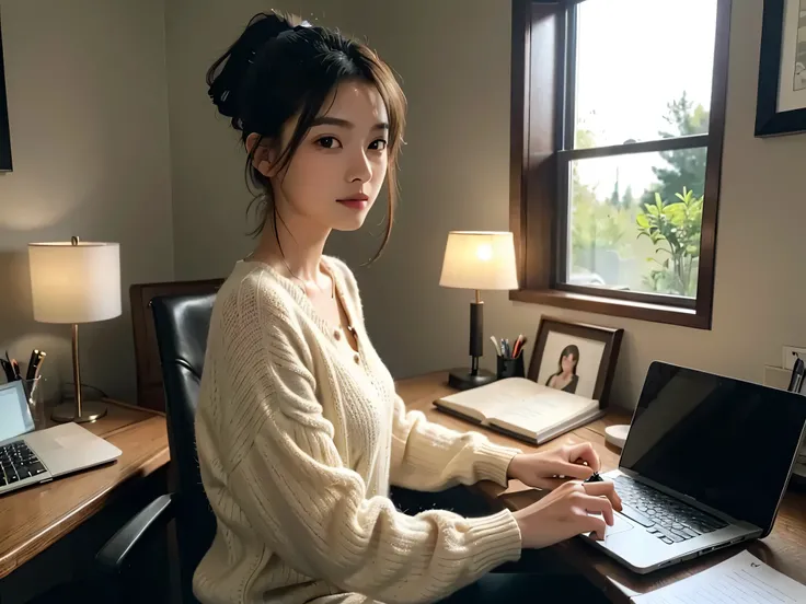 Onry One woman,Room at home, studying at a desk, sitting chair, writing in a notebook,fully body photo,masutepiece, The highest image quality, High quality, the background is clear，Beautiful woman, Japanese, Detailed, Detailed eyes, Detailed skin, Beautifu...