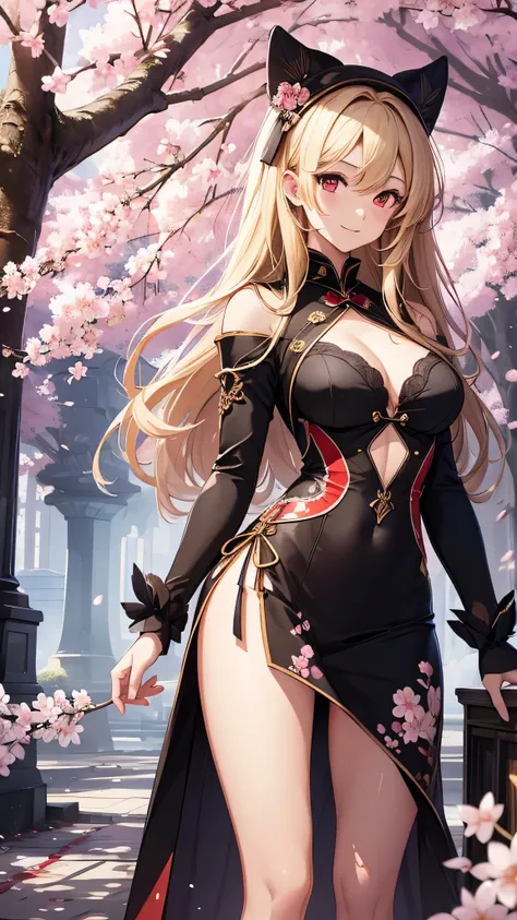 最high quality、best image quality、masterpiece、girl((18-year-old、 By becoming、vest bust、medium bust,wide open breast tea、red glowing eyes, blonde、messy hair、long hair、thin,highest valley、Show the whole body、black cheongsam、open chest、black wristband、red high...