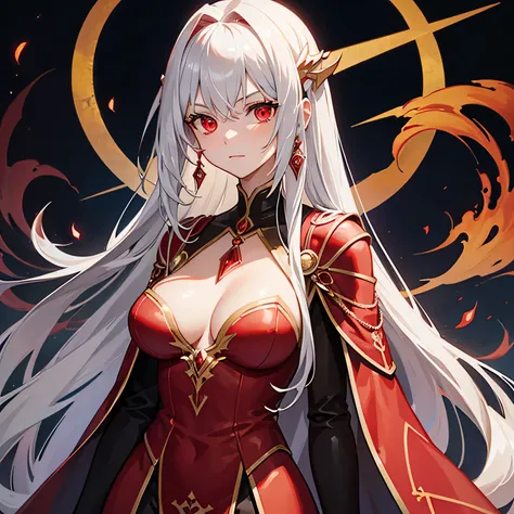 Close up of a tall female , with glowing red crimson eyes , long silver hair , wearing adventure robes , wearing necklace with crescent shaped pendant , tavern background 