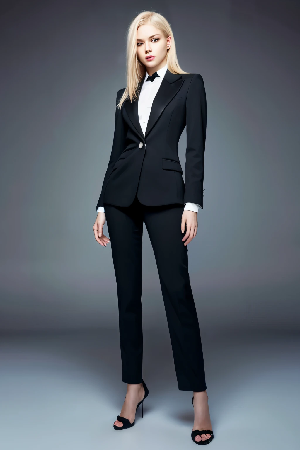 European female android,alone,20 years,beautiful face,Upper body,hair above one eye,medium side cut, blonde hair, sharp focus,black business suit,realistic、Full body shot from head to toe、Front shot