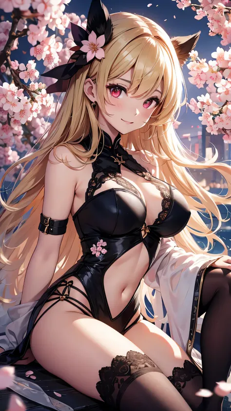 最high quality、best image quality、masterpiece、girl((18-year-old、 By becoming、vest bust、medium bust,wide open breast tea、red glowing eyes, blonde、messy hair、long hair、thin,highest valley、Show the whole body、black cheongsam、open chest、black wristband、red high...