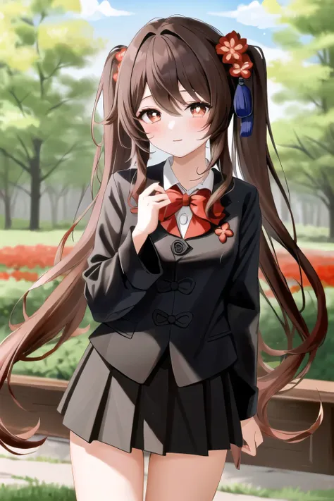 masterpiece, best quality,
1girl, hu tao (genshin impact), Standing, blush,flower garden background,slight smile,twintails, brown hair, solo, symbol-shaped pupils, long hair,bangs, black shorts , Long black shirt, short red skirt,Red bow tie