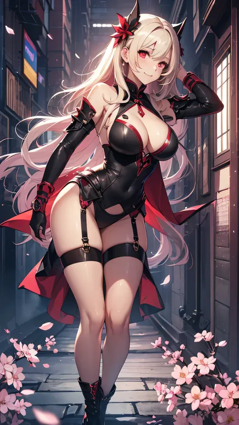 最high quality、best image quality、masterpiece、girl((18-year-old、 By becoming、vest bust、medium bust,wide open breast tea、red glowing eyes, blonde、messy hair、long hair、thin,highest valley、Show the whole body、black cheongsam、open chest、black wristband、red high...