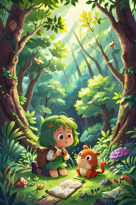 In the heart of a lush green forest, a childrens book comes to life. The trees tower above, their leaves a vibrant emerald hue, creating a canopy that filters the sunlight in soft, warm beams. Flowers of every color bloom at the forest floor, their sweet f...