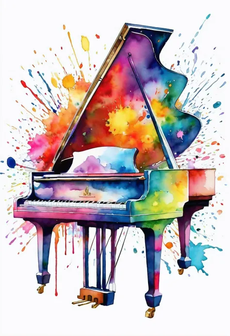 Draw the piano  small in the center,The entire piano is visibl,Ensure sufficient margin,,bright hues,beautiful oval shape,watercolor painting style, There is white space,splash of color, the best ever, colour splash, watercolor detailed art, water color sp...