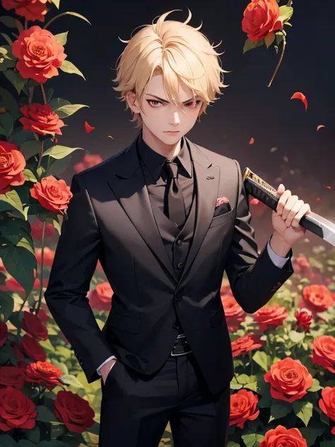 1boy,handsome,15 years old,Standing,Flower garden background,half body photo,Holding a katana, angry expression,Perfect face, HD face, ultra detailed face, short hair, blonde hair, messy hair, bright red eyes, vampire, black shirt, black trousers, red tie,...