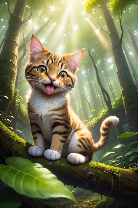 In a whimsical childrens book illustration, a little cat with expressive whiskers and big, round, curious eyes frolics amongst the abundant greenery of a lush forest. The sunlight filters through the leaves above, casting dappled patterns on the soft moss ...