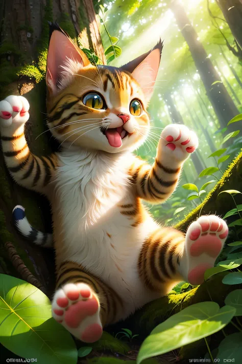 In a whimsical childrens book illustration, a little cat with expressive whiskers and big, round, curious eyes frolics amongst the abundant greenery of a lush forest. The sunlight filters through the leaves above, casting dappled patterns on the soft moss ...