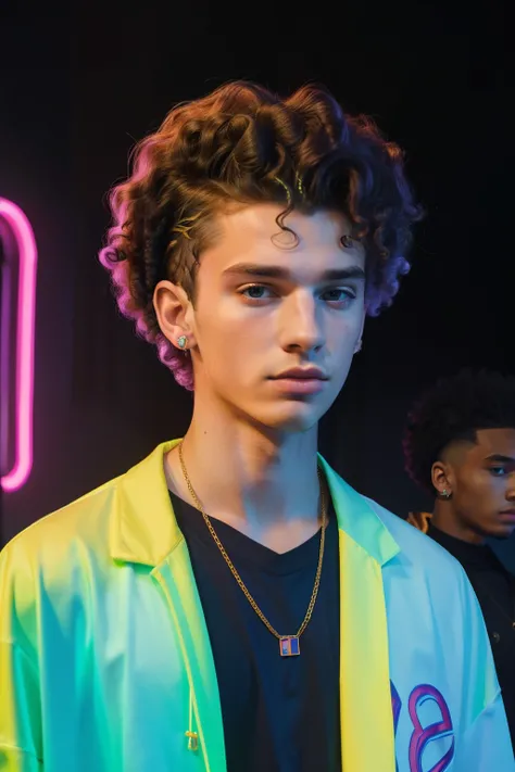 London, 2023. A young ((((19-year-old)) Liam Harper)), tall, handsome, sharp features, piercing eyes, influencer, in a party with neon lights, ((confused and sad expression)), ((((clothings from the 2020s)))), ((curly hairstyle of the 2020s)) 