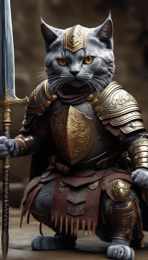 (hd: 1.2),(realistic: 1.37),(cat knight), anthropomorphic, hairy，dark horse, battlefield, medieval, war, battle, victory, danger...