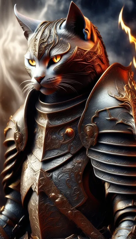 (HD: 1.2),(realistic: 1.37),(Cat Knight), anthropomorphic, dark horse, battlefield, medieval, war, battle, victory, danger, honor, bravery, armor, shield, sword, hero, commander-in-chiefs presence, ferocious, self-confident, beautifully detailed eyes, beau...