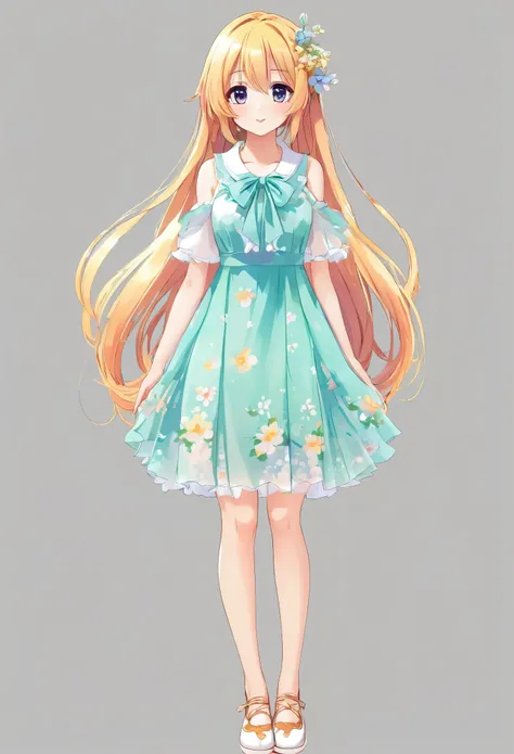 standing , fullbody , toe cute long hair girl anime bright hair color dress spring